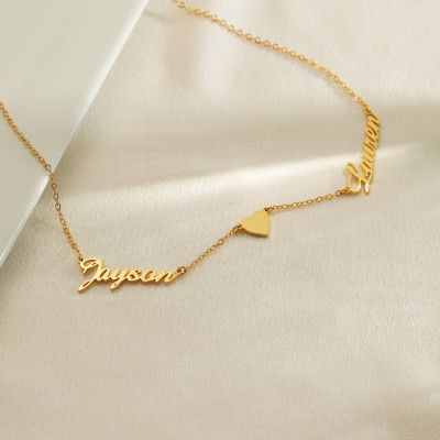 Gold Personalized Double Name Heart Necklace for Couples - Custom Jewelry, Mother's Day Gift