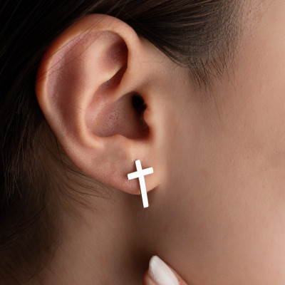 14K Gold Christian Cross Earrings, Minimalist 925 Sterling Silver Religious Earrings