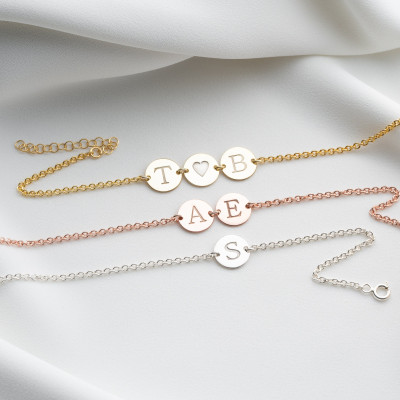 14k Gold Personalized Initial Disc Bracelet for Women - Multiple Silver Letter Charms