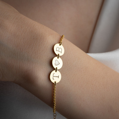 14k Gold Personalized Initial Disc Bracelet for Women - Multiple Silver Letter Charms