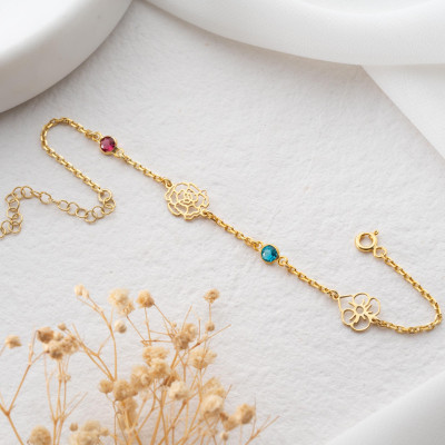 Personalized Birth Flower Bracelet with Birthstone and Initial - Dainty Family Birth Flower Jewelry