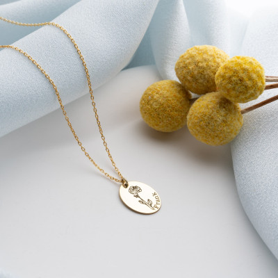 Personalized Gold or Silver Name Necklace with January Birth Flower Disc - Custom Dainty Gifts for Women