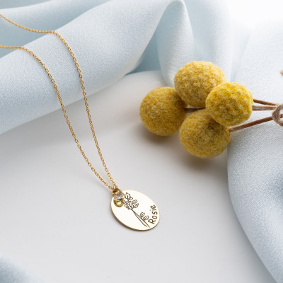 Personalized Gold or Silver Name Necklace with January Birth Flower Disc - Custom Dainty Gifts for Women