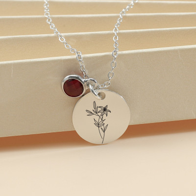 Personalized Custom Birth Flower and Birthstone Necklace, Floral Disc Jewelry Gift for Mom, Birthday Present for Her