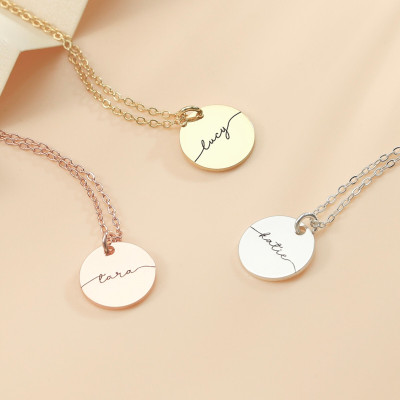 Personalized Engraved Disc Necklace, Signature Name Pendant, Custom Jewelry Gifts for Women, Christmas Gift for Friends