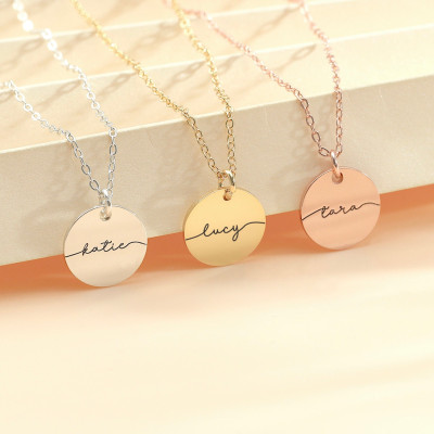 Personalized Engraved Disc Necklace, Signature Name Pendant, Custom Jewelry Gifts for Women, Christmas Gift for Friends