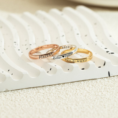 Personalized Gold Name Rings, Custom Engravable Stacking Rings, Dainty Wedding Band, Double-Sided Engraving, Engagement Gift for Her