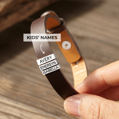 Personalized Engraved Silver Bracelet for Dad and Grandpa, Custom Leather Family Jewelry, Handmade Birthday Gift