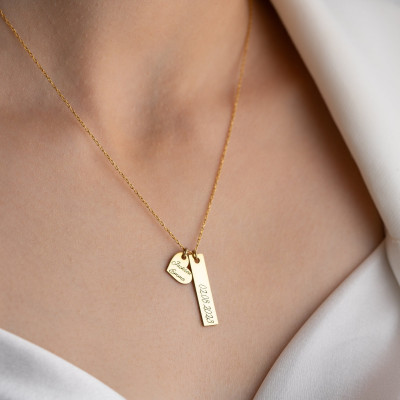 Personalized Gold Bar & Heart Charm Name Necklace | Custom Silver Family Name Necklace with Date Engraving |