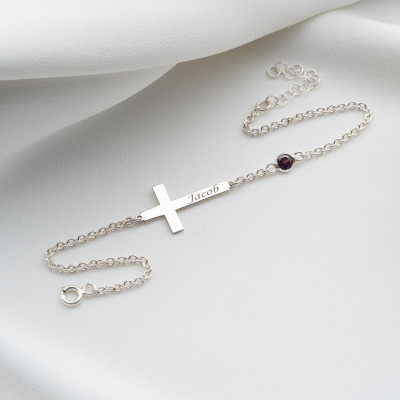 Personalized Gold Cross Bracelet for Women - Silver Name Bracelet with Dainty Rose Gold Birthstone and Cross Charm - Christmas Gifts