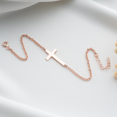 Personalized Gold Cross Bracelet for Women - Silver Name Bracelet with Dainty Rose Gold Birthstone and Cross Charm - Christmas Gifts