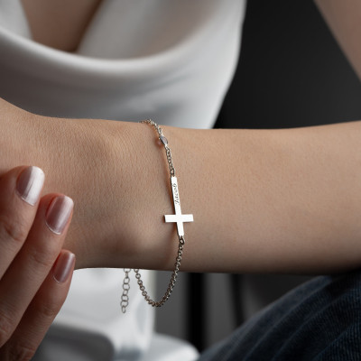 Personalized Gold Cross Bracelet for Women - Silver Name Bracelet with Dainty Rose Gold Birthstone and Cross Charm - Christmas Gifts