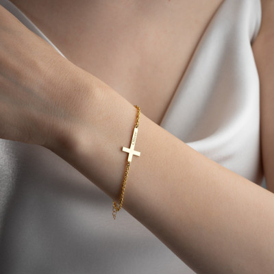 Personalized Gold Cross Bracelet for Women - Silver Name Bracelet with Dainty Rose Gold Birthstone and Cross Charm - Christmas Gifts