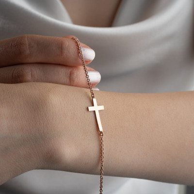 Personalized Gold Cross Bracelet for Women - Silver Name Bracelet with Dainty Rose Gold Birthstone and Cross Charm - Christmas Gifts