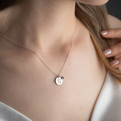 Personalized Gold Initial Disc Necklace - Silver Letter Pendant for Moms with December Birthstone - Engraved Custom Jewelry