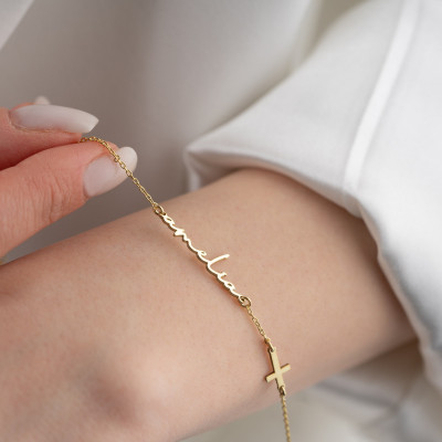 Personalized Gold Name Bracelet for Women with Silver Cross, Handwritten Name & Birthstone, Dainty Charm Christmas Gift