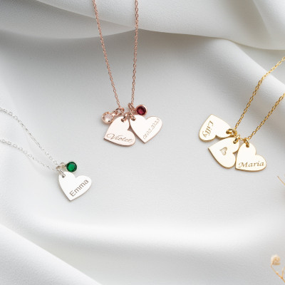 Personalized Gold Heart Pendant Necklace with Silver Engraved Name, Women's Initial Necklace, December Birthstone,