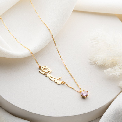 Personalized Gold Name Necklace with Birthstone - Custom Birthday and Christmas Gift for Her, Gemstone Jewelry for Mom,