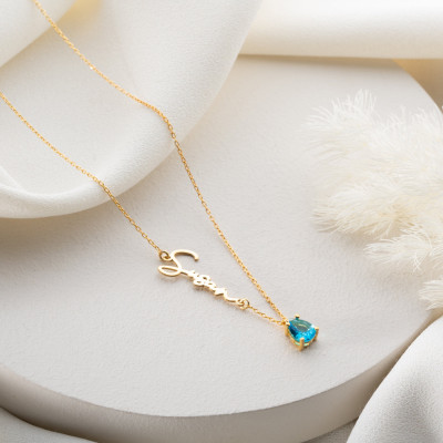 Personalized Gold Name Necklace with Teardrop Birthstone, Birthday & Christmas Gifts for Mom & Her