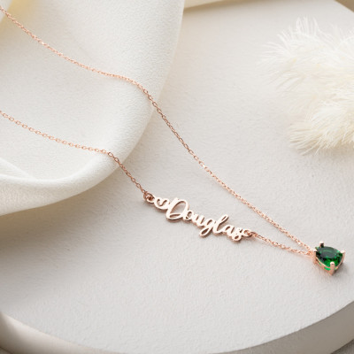 Personalized Gold Name Necklace with Teardrop Birthstone, Birthday & Christmas Gifts for Mom & Her