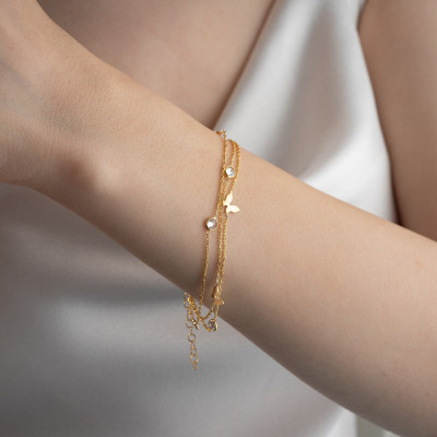 Custom Gold Zircon Butterfly Friendship Bracelet, 3-Row Star Design, Mother's Day Gift