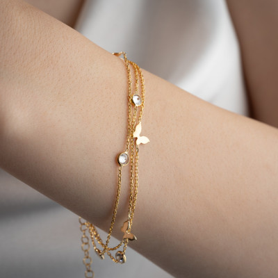 Custom Gold Zircon Butterfly Friendship Bracelet, 3-Row Star Design, Mother's Day Gift