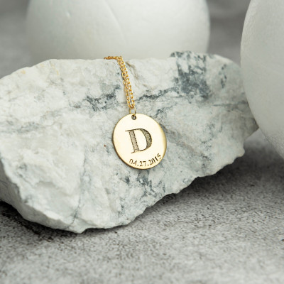 Personalized Grandma Necklace, Nana Disk Jewelry with Initials and Birth Date, Custom Gift for Mom or Wife, Sterling Silver, Gold, Rose Gold