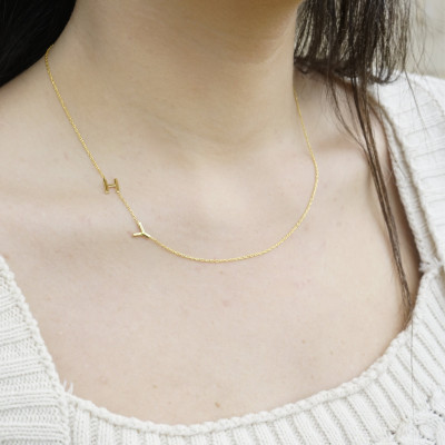 Personalized Gold Initial Necklace for Women - Silver Letter Pendant, Minimalist Dainty Sideways Necklace, Custom