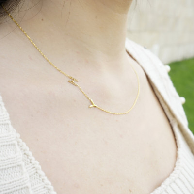 Personalized Gold Initial Necklace for Women - Silver Letter Pendant, Minimalist Dainty Sideways Necklace, Custom