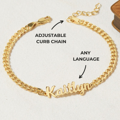 Personalized Gold Name Bracelet for Women - Engraved Curb Chain