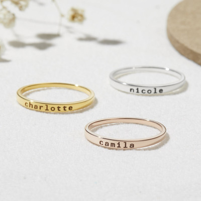 Personalized Name Ring Engraved Skinny Stacking Rings Gift for Bridesmaid, Birthday, Mom in Gold, Silver, Rose Gold