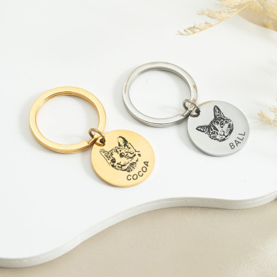 Engraved Custom Pet Portrait Keychain - Personalized Pet Memorial Photo Keyrings