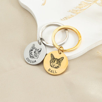 Engraved Custom Pet Portrait Keychain - Personalized Pet Memorial Photo Keyrings