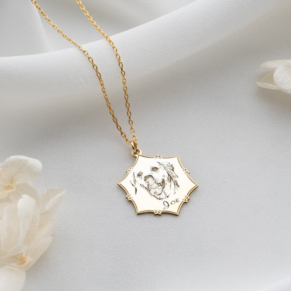 Pet Portrait Necklace 14k Gold Custom Dog Mom Jewelry Pet Memorial Pendant Silver Remembrance Engraved