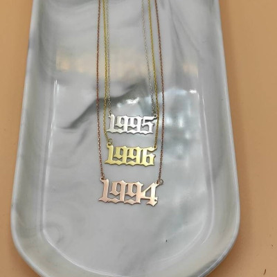 18K Gold Plated Gothic Year Number Necklace Custom Date Pendant Gift for Anniversary Birthday