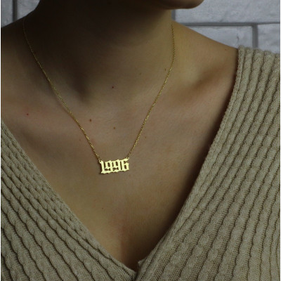 18K Gold Plated Gothic Year Number Necklace Custom Date Pendant Gift for Anniversary Birthday