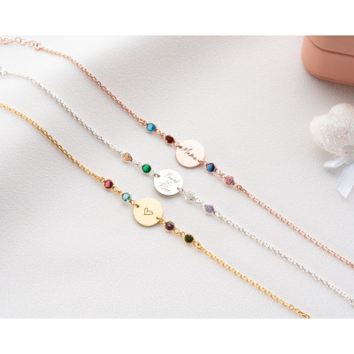 December Birthstone Personalized Mom Bracelet with Gold Disc and Letter Charm - Grandma Gift