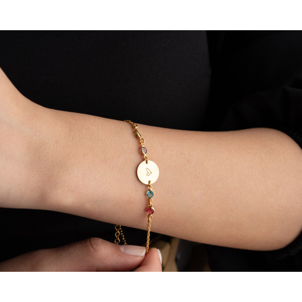 December Birthstone Personalized Mom Bracelet with Gold Disc and Letter Charm - Grandma Gift