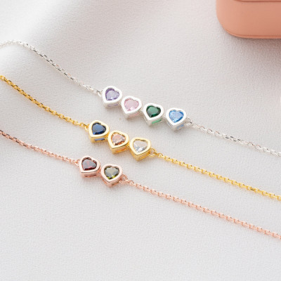 Personalized Gold Heart Family Birthstone Bracelet for Mom - Silver Jewelry with December Birthstone -