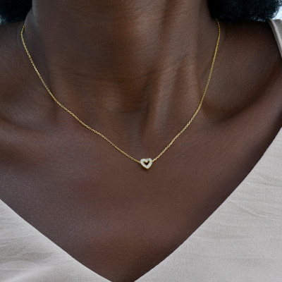 Gold Minimalist Heart Necklace with Dainty Stone - Cute Tiny Initial Jewelry, Mother's Day Gift