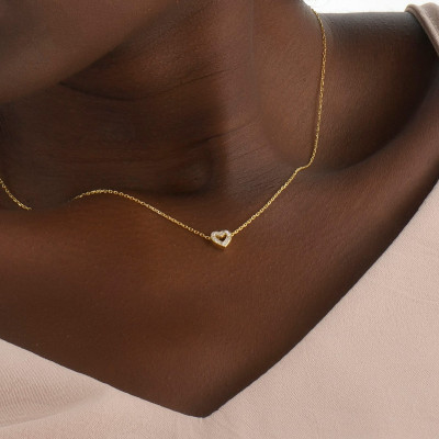 Gold Minimalist Heart Necklace with Dainty Stone - Cute Tiny Initial Jewelry, Mother's Day Gift