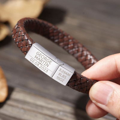 Personalized Leather Dad Bracelet - Custom Father's Day Gift from Daughter or Wife, Black Leather Bracelet for New Dads