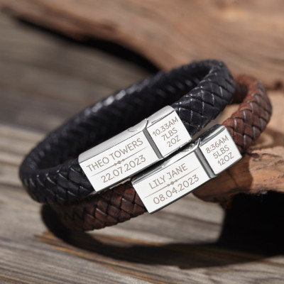 Personalized Leather Dad Bracelet - Custom Father's Day Gift from Daughter or Wife, Black Leather Bracelet for New Dads