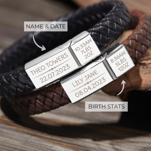 Personalized Leather Dad Bracelet - Custom Father's Day Gift from Daughter or Wife, Black Leather Bracelet for New Dads