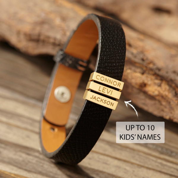 Personalized Leather Dad Bracelet with Kids' Names - Engraved Men’s Bracelet in Black or Brown - Handmade Gift