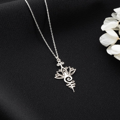 14k Gold Lotus Flower Pendant Necklace with Unalome Symbol - Silver Lotus Necklace Christmas Gift for Women