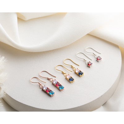 Dainty Gold & Silver Multi-Stone Birthstone Dangle Earrings - Minimalist Family Jewelry