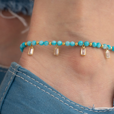 April Birthstone Quartz Anklet - Dainty Blue Beaded Baguette Design, Yellow Ankle Bracelet,