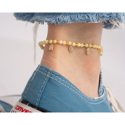 April Birthstone Quartz Anklet - Dainty Blue Beaded Baguette Design, Yellow Ankle Bracelet,