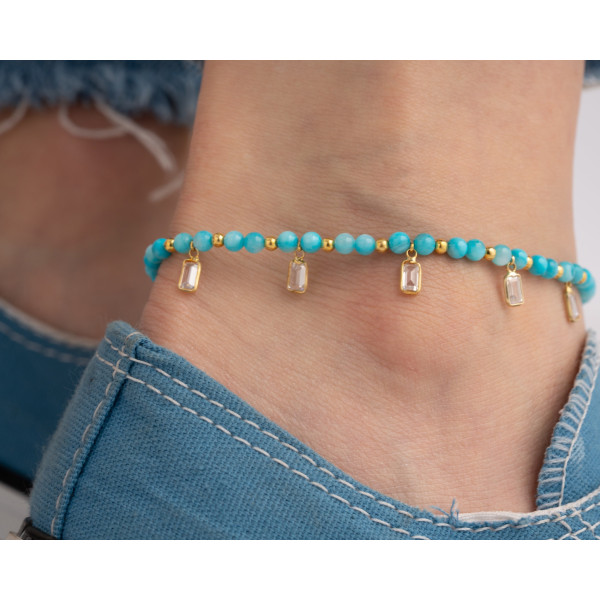 Dainty Blue Quartz Birthstone Anklet, Yellow Beaded Bracelet, Birthstone Jewelry